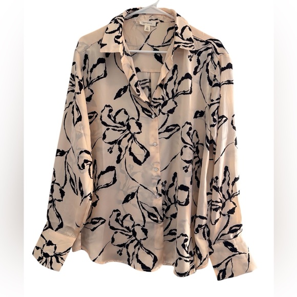Tamara H Dresses & Skirts - Silk-Blend Long Sleeve Button-Up Dress Shirt — Black Floral on Cream